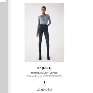 Zara Hi Rise Sculpt Skinny Jeans Grey